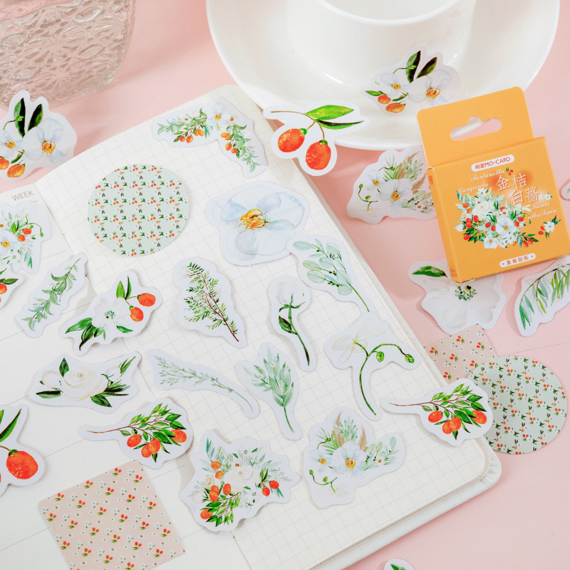 46 pcs pack Box-Packed Stickers Kumquat White Flower Series Fresh Flower Journal Diary Material Sealing Stickers