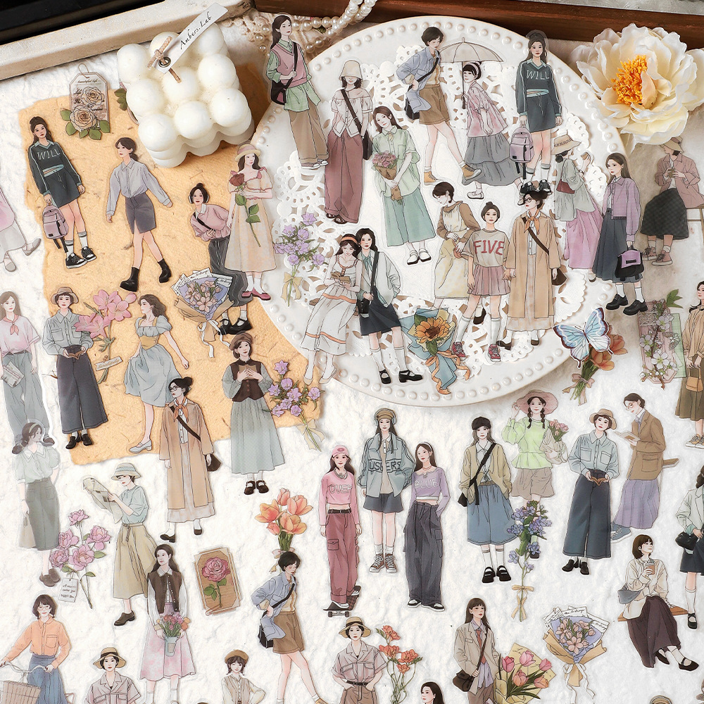 30pieces/pack Romantic series PET stickers with retro character clothing hand curtains and background materials for stickers