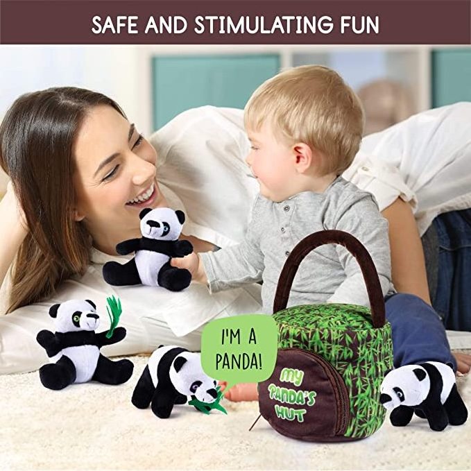 Cute design panda's hut plush toys set soft 4 pack stuffed small talking panda toys inside hut for baby gifts