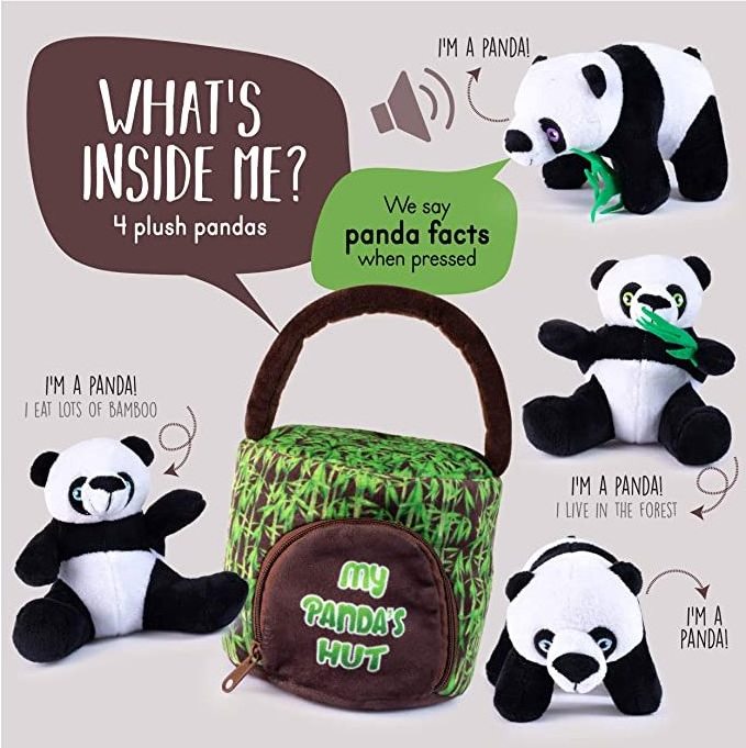 Cute design panda's hut plush toys set soft 4 pack stuffed small talking panda toys inside hut for baby gifts