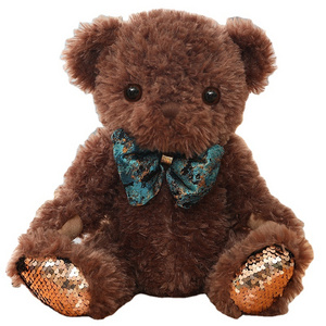 Cuddly stuffed teddy bear comfort plush toy soft teddy bear plush toy with bow and sequin feet for girls boys gift