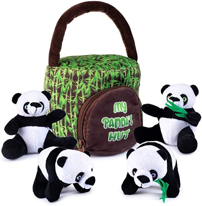 Cute design panda's hut plush toys set soft 4 pack stuffed small talking panda toys inside hut for baby gifts