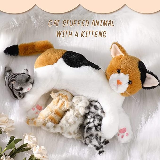 Soft Mommy Cat with 4 Baby Cats Plush Toy Set for Girls and Boys Adorable Nurturing Cat Stuffed Animal with Plush Kittens