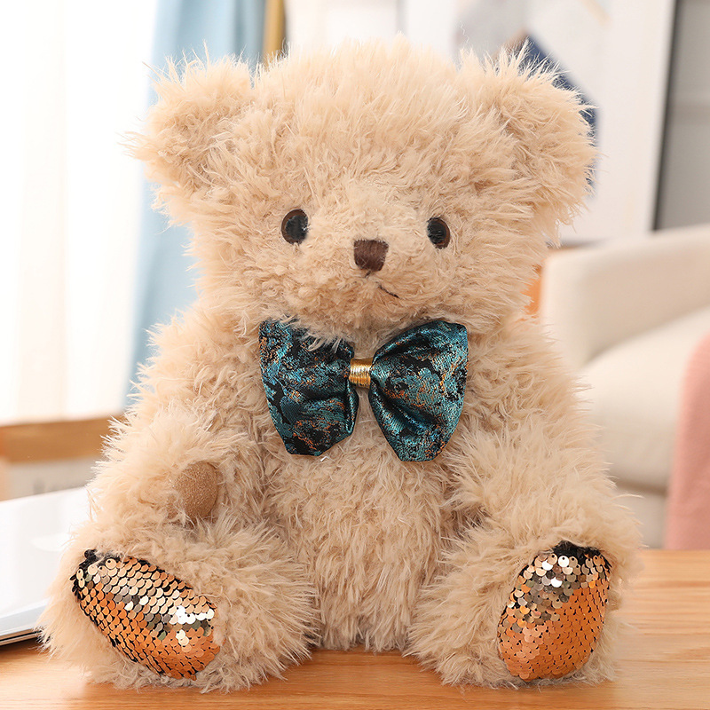 Cuddly stuffed teddy bear comfort plush toy soft teddy bear plush toy with bow and sequin feet for girls boys gift