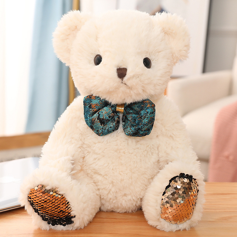 Cuddly stuffed teddy bear comfort plush toy soft teddy bear plush toy with bow and sequin feet for girls boys gift