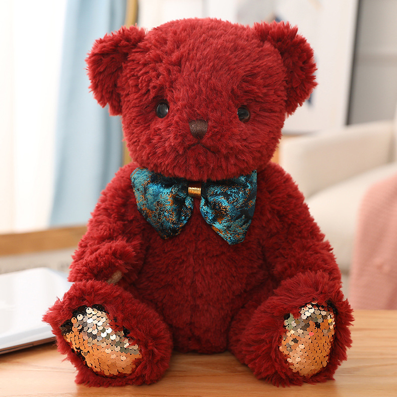 Cuddly stuffed teddy bear comfort plush toy soft teddy bear plush toy with bow and sequin feet for girls boys gift