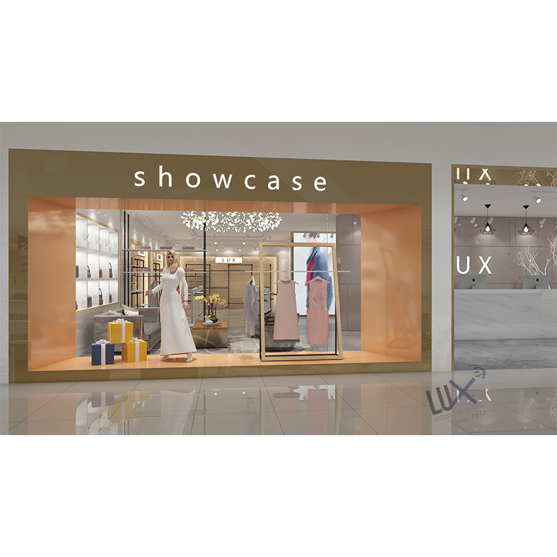 LUX Customized Modern GoldenMenswear Shop Design With MDF Eco-friendly Baking Paint Showcase Display Rack For China Manufacturer