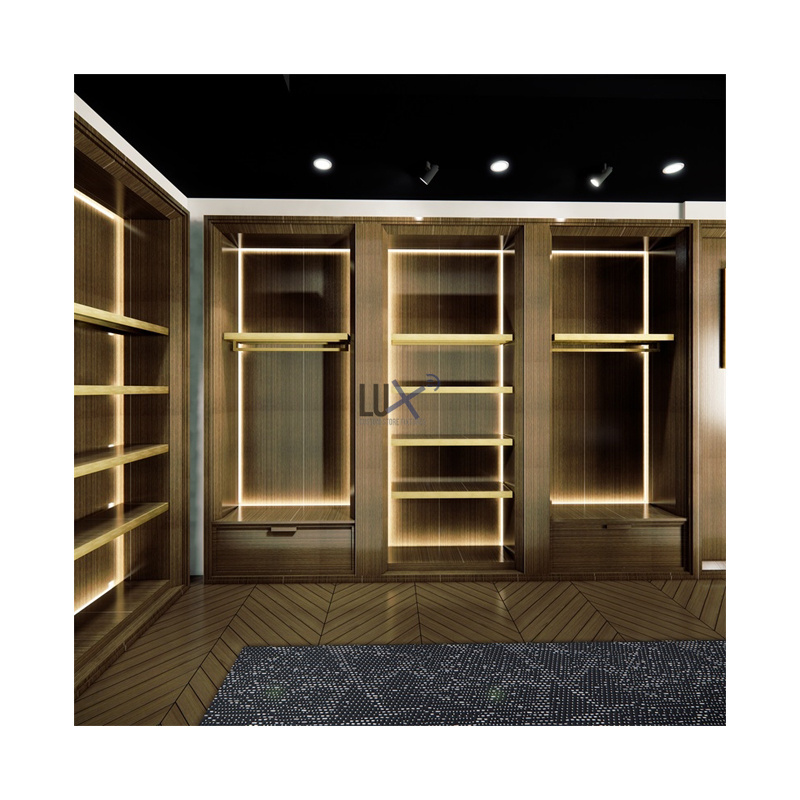 35+ Years Guangzhou Professional Manufacture Clothing Racks Wall Wooden Cabinet For Clothes Men Garment Shop Interior Design