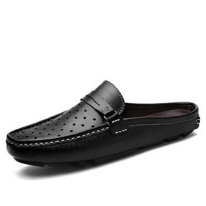 Mens Raw Cow Leather Genuine Loafers Slipper Man Casual Backless Toes Covered Slippers Shoes