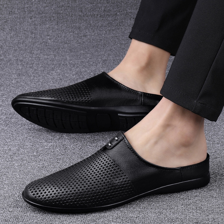 Summer New Half Slippers Men's Outdoor Slippers Casual Breathable Men's Shoes Soft Raw Cow Leather Beach Covered Shoes