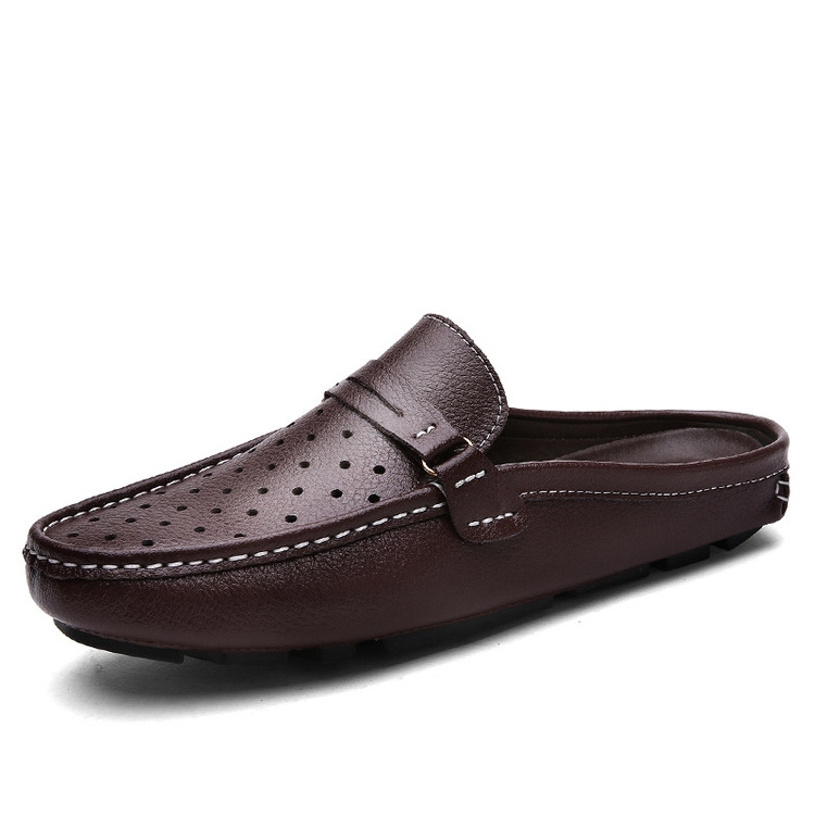 Mens Raw Cow Leather Genuine Loafers Slipper Man Casual Backless Toes Covered Slippers Shoes