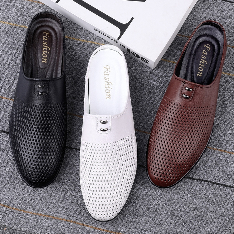 Summer New Half Slippers Men's Outdoor Slippers Casual Breathable Men's Shoes Soft Raw Cow Leather Beach Covered Shoes