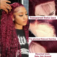 99J Burgundy Curly 13x6 HD Lace Frontal Wig Human Hair Colored Red Deep Wave Lace Front Wig 30 32 34 Inch 4x4 Lace Closure Wigs