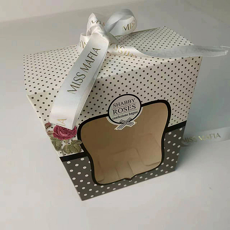 Custom polka dot printing glossy gift rectangle paper box with window and ribbon