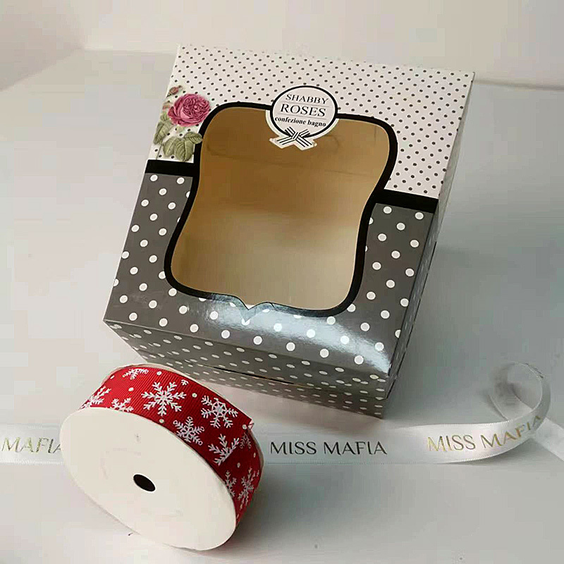 Custom polka dot printing glossy gift rectangle paper box with window and ribbon