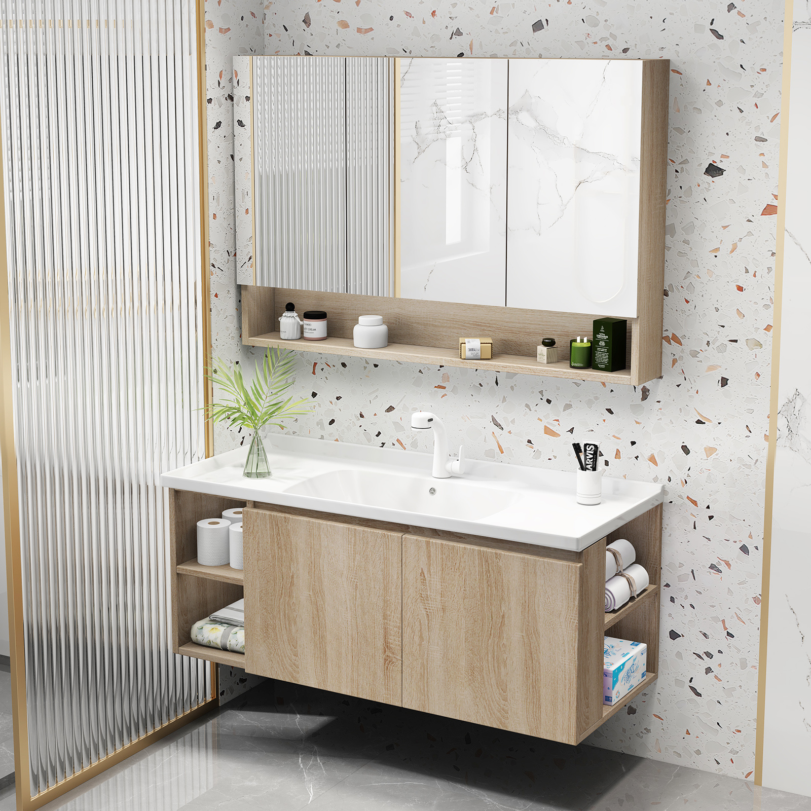 Wall Mounted Plywood under sink cabinets Bathroom Vanity with Mirror cabinet