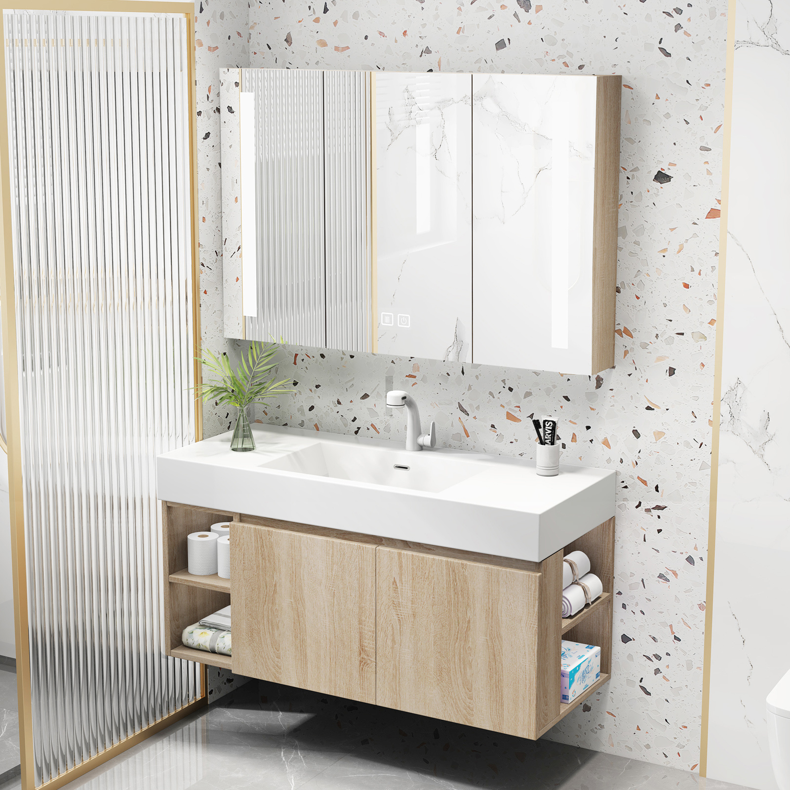 Wall Mounted Plywood under sink cabinets Bathroom Vanity with Mirror cabinet