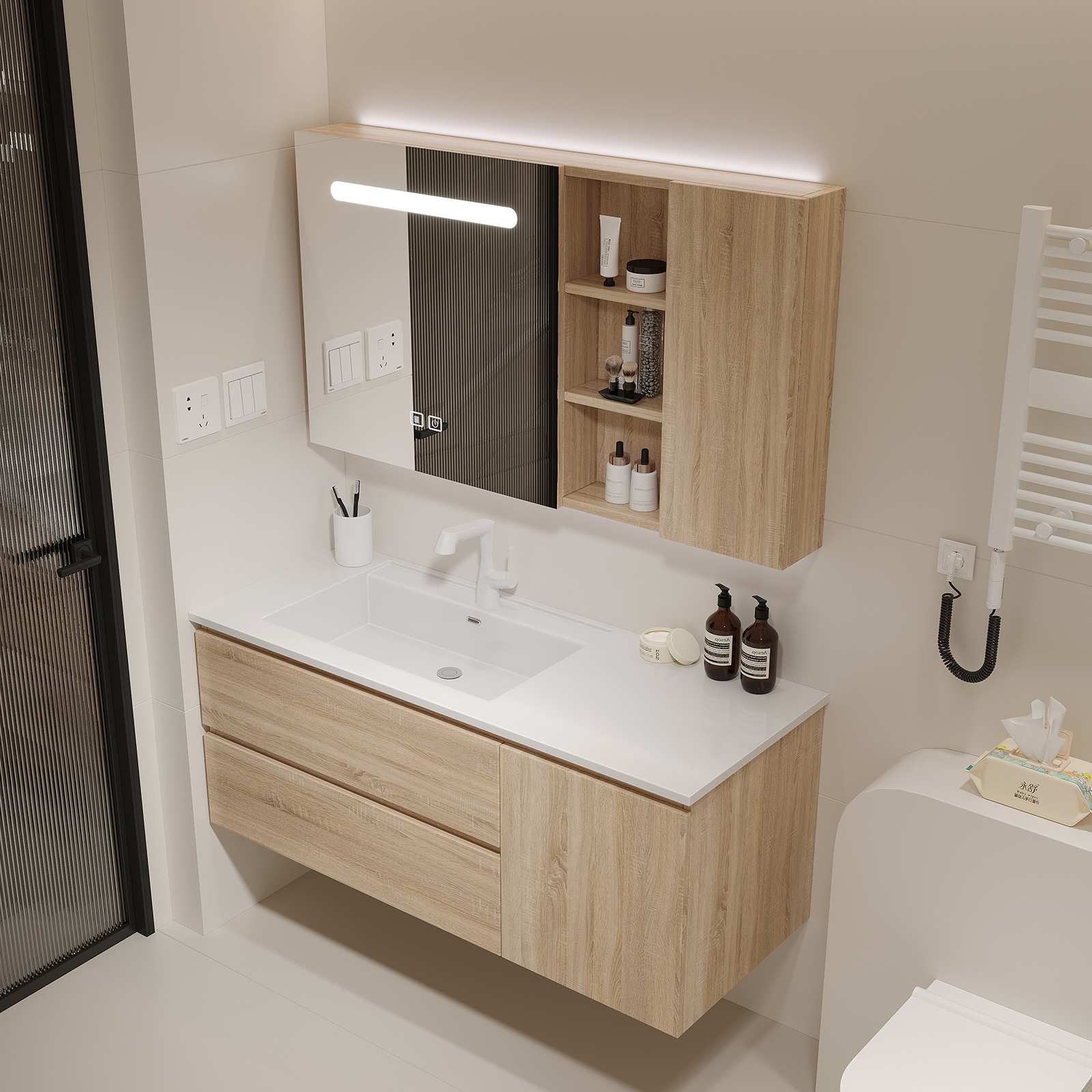 Modern  Floating Bathroom Vanities with Sink and Mirrors Wood Bathroom Cabinet Furniture Wash Basin Wall Mounted