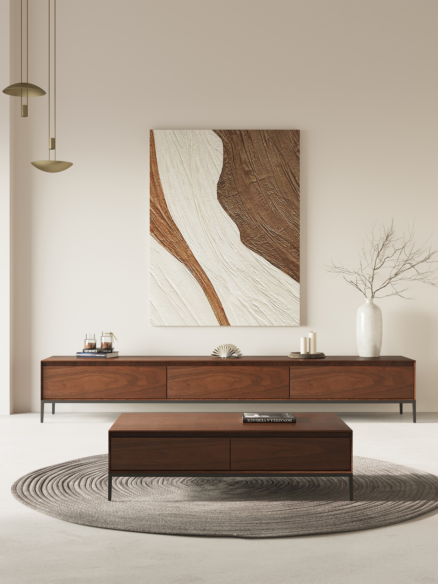 2024 simple modern  walnut solid wood  TV cabinet  and coffee table  solid wood with rock slab