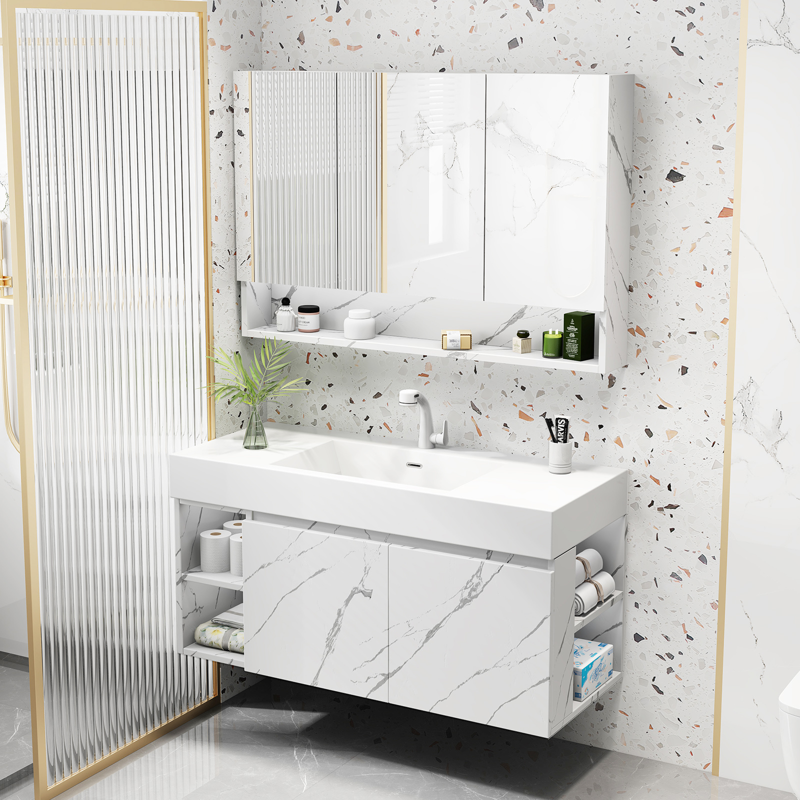 Wall Mounted Plywood under sink cabinets Bathroom Vanity with Mirror cabinet