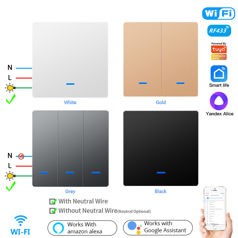 WiFi RF433 220v Smart Wall led Light Switch,No Neutral Wireless Transmitter Tuya Smart home products 1/2/3 Gang light switch