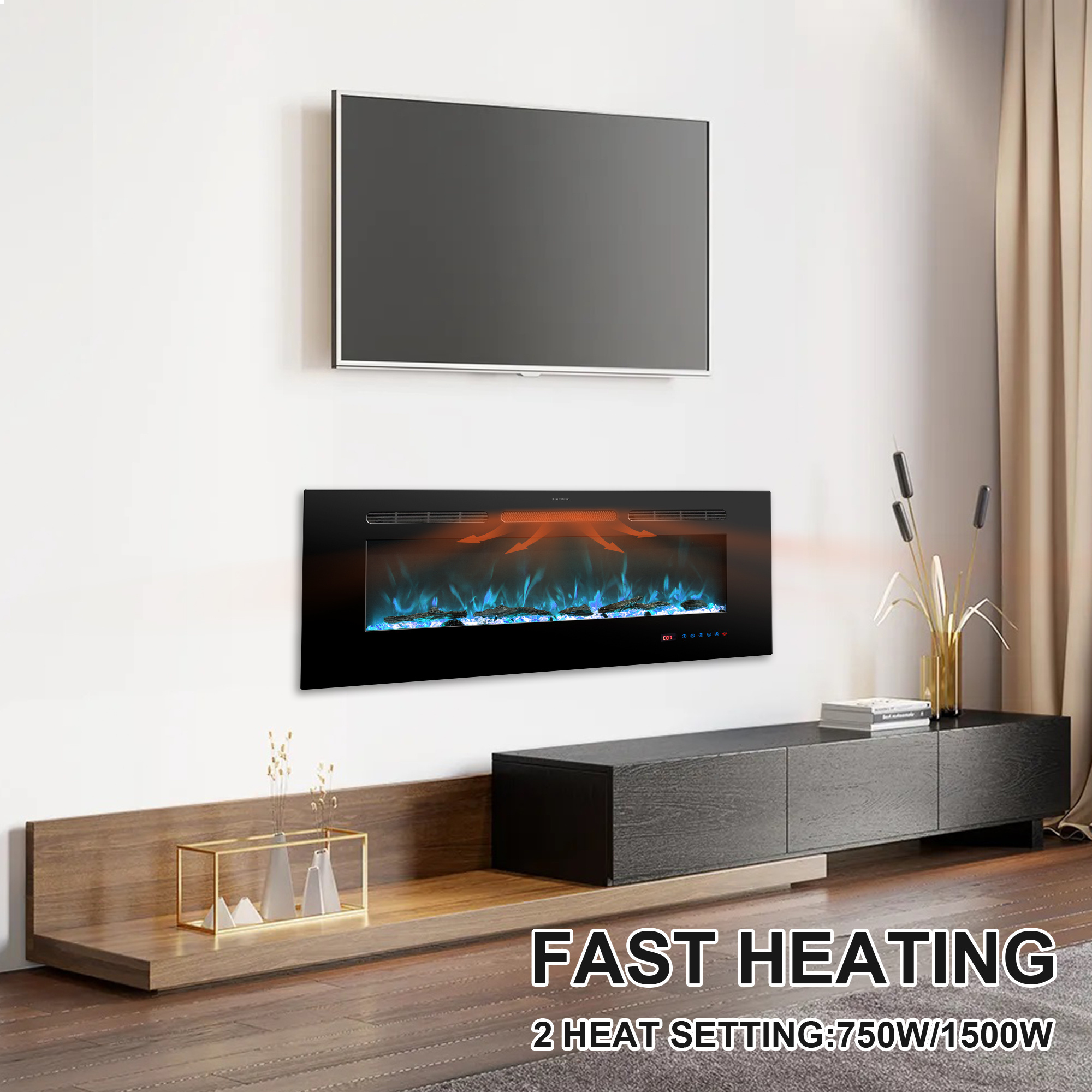 Luxstar 36 Inches Wall-mounted and Recessed LED 3D Electric Fireplace with Real Flame Effect Fireplace Heater Electric