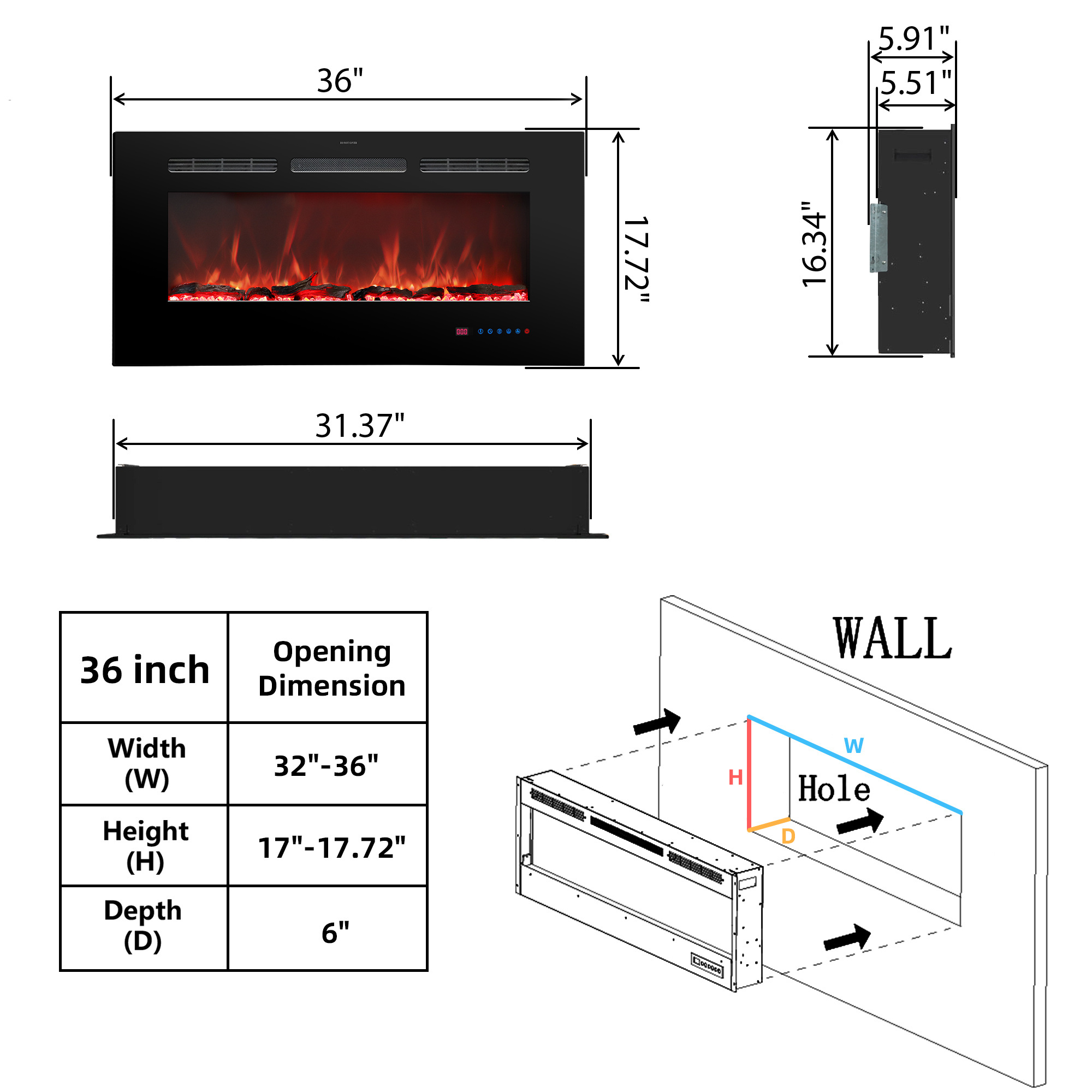 Luxstar 36 Inches Wall-mounted and Recessed LED 3D Electric Fireplace with Real Flame Effect Fireplace Heater Electric