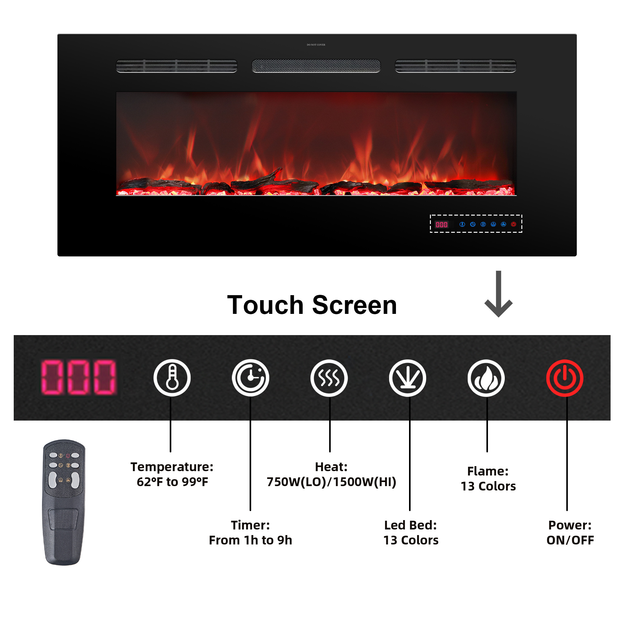 Luxstar 36 Inches Wall-mounted and Recessed LED 3D Electric Fireplace with Real Flame Effect Fireplace Heater Electric