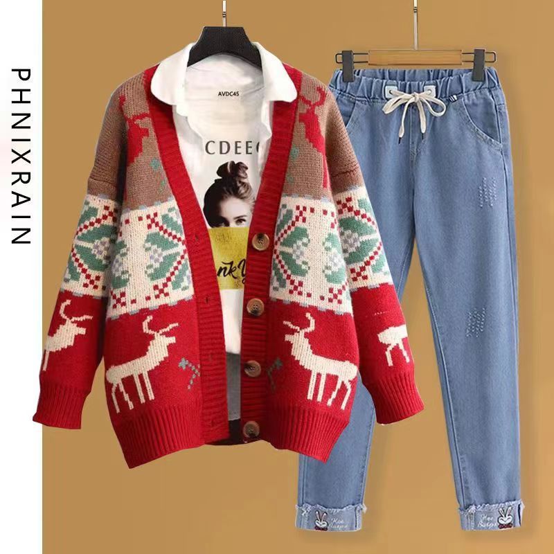 Wholesale Women's V-neck Cardigan Knitted Set Customized Loose Christmas Women's Jacquard Knitted Women's Sweater Coat