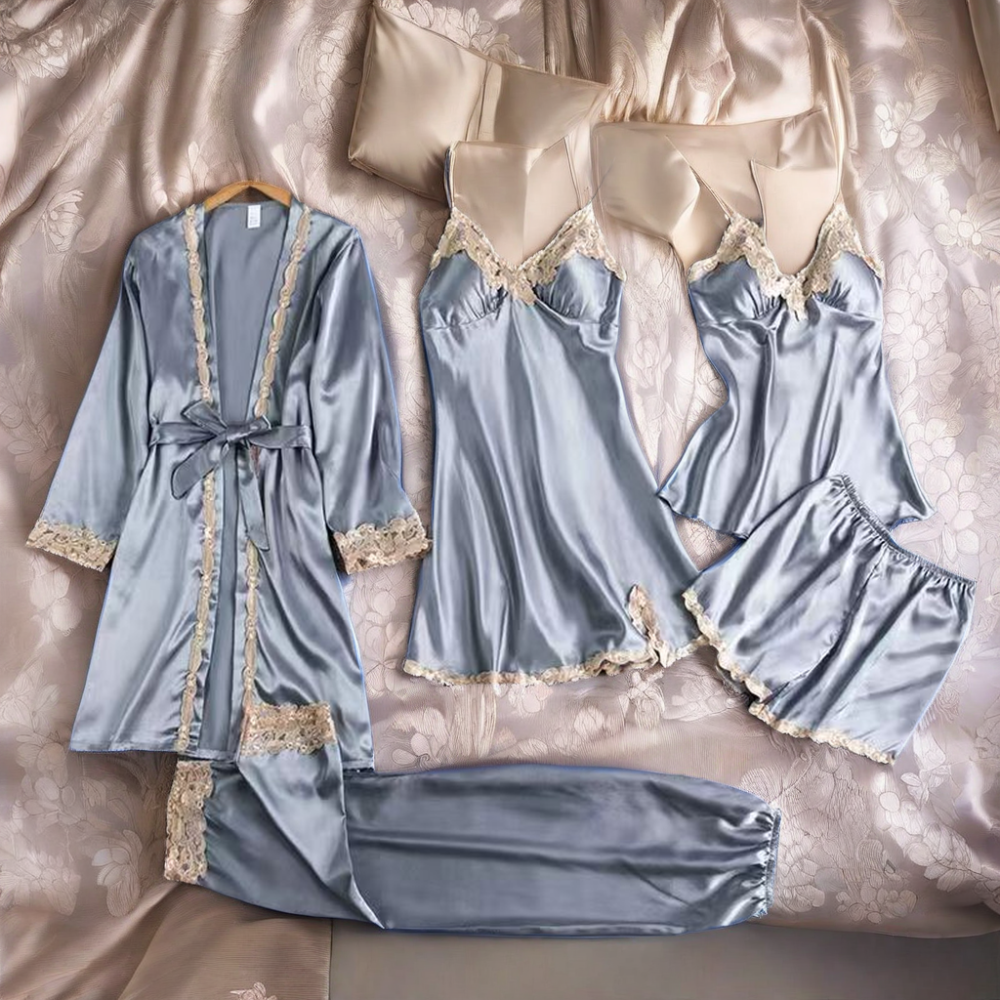 Factory Wholesale Luxury Women's Summer/Spring Sleepwear Suit Sexy Lace High Satin Silk Pajamas Set 5 Pieces Including Shorts