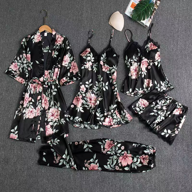 Factory Wholesale Luxury Women's Summer/Spring Sleepwear Suit Sexy Lace High Satin Silk Pajamas Set 5 Pieces Including Shorts