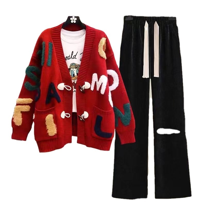 Wholesale Women's V-neck Cardigan Knitted Set Customized Loose Christmas Women's Jacquard Knitted Women's Sweater Coat