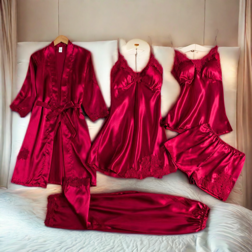 Factory Wholesale Luxury Women's Summer/Spring Sleepwear Suit Sexy Lace High Satin Silk Pajamas Set 5 Pieces Including Shorts