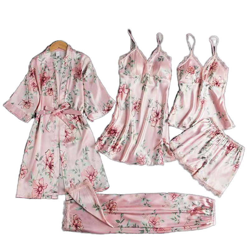 Factory Wholesale Luxury Women's Summer/Spring Sleepwear Suit Sexy Lace High Satin Silk Pajamas Set 5 Pieces Including Shorts