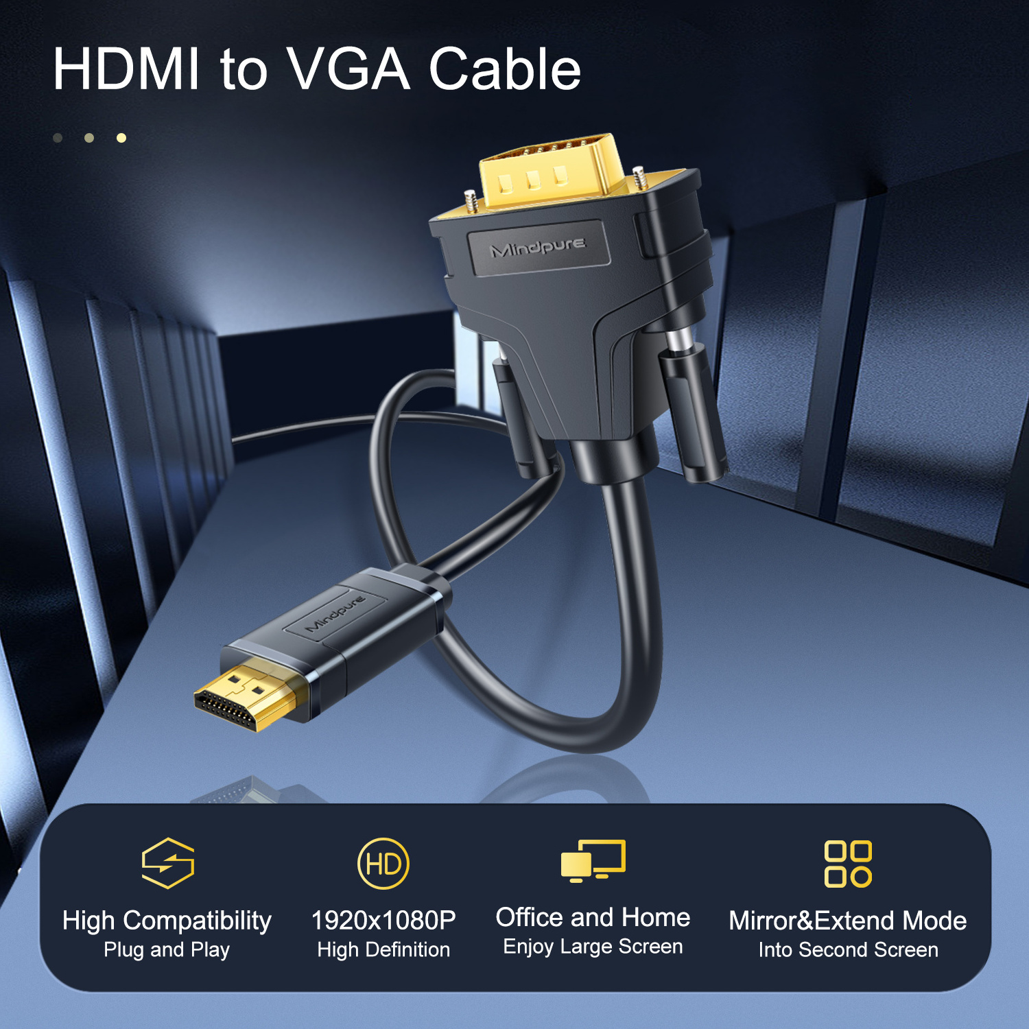 Mindpure high quality 1920x1080P 60Hz HDMI to VGA cable converter adapter with audio usb power supply hdmi to vga cable