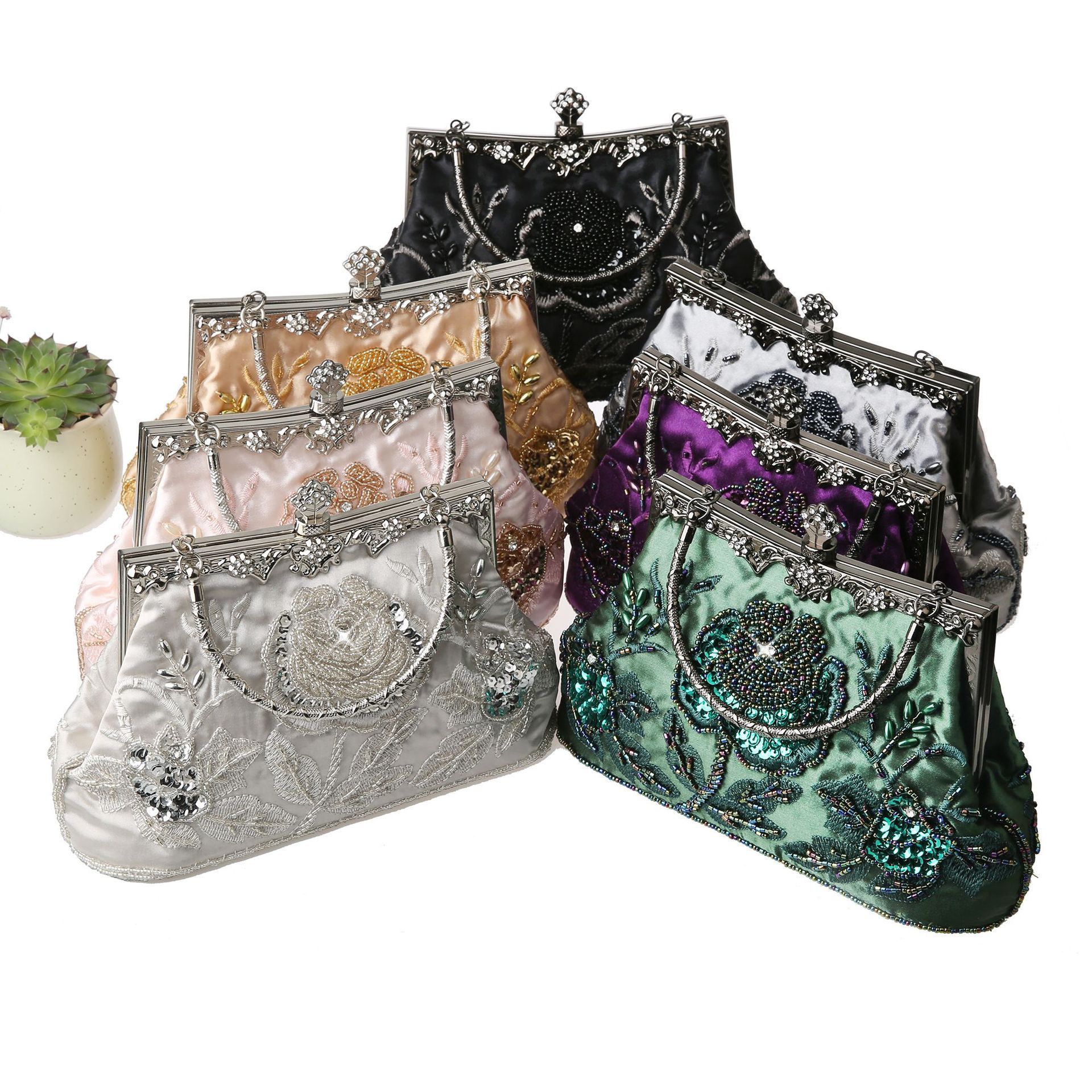 Minibook Large Wedding Party Purse Women Vintage Floral Beaded Sequin Rhinestone Embroidery Clutch Evening Handbag