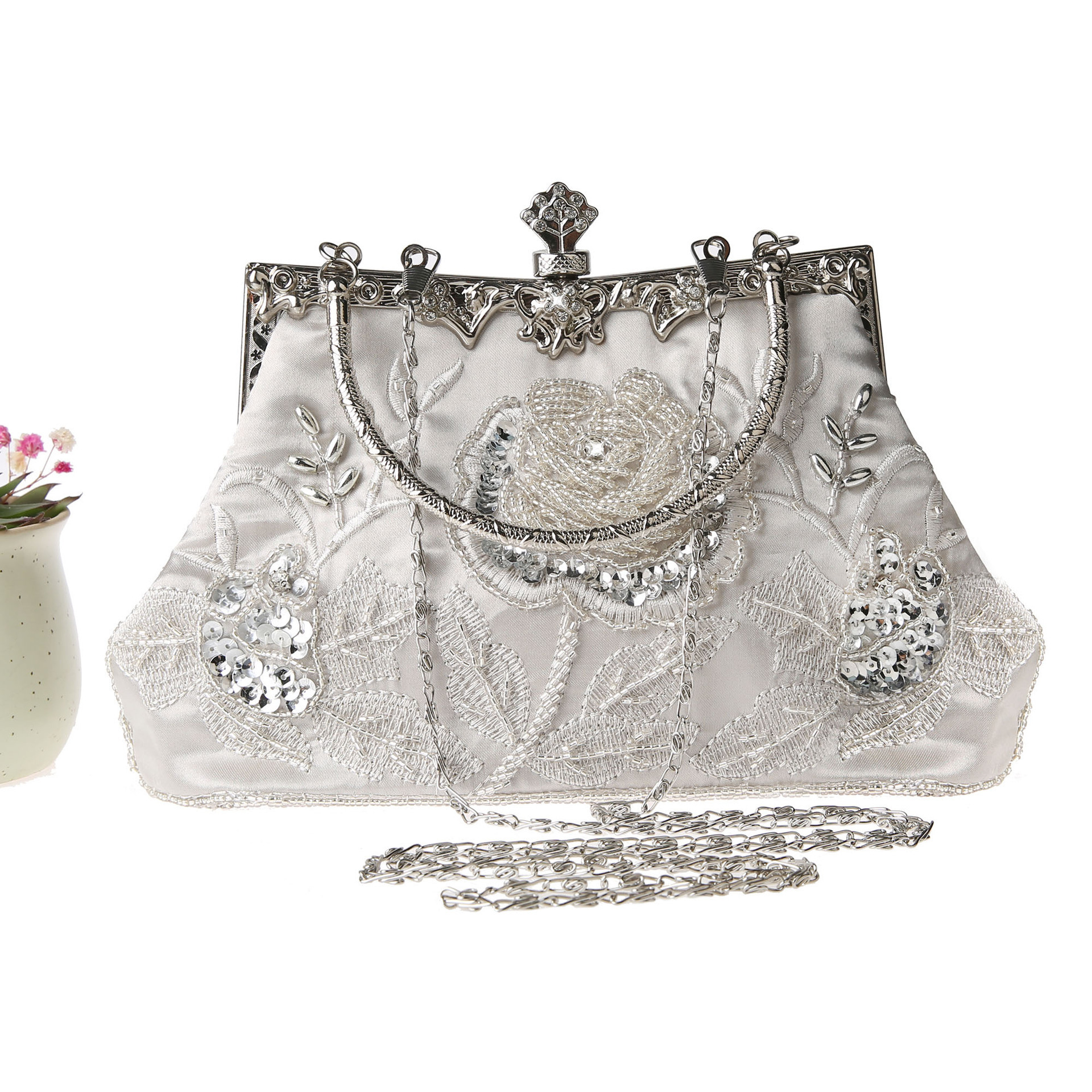 Minibook Large Wedding Party Purse Women Vintage Floral Beaded Sequin Rhinestone Embroidery Clutch Evening Handbag