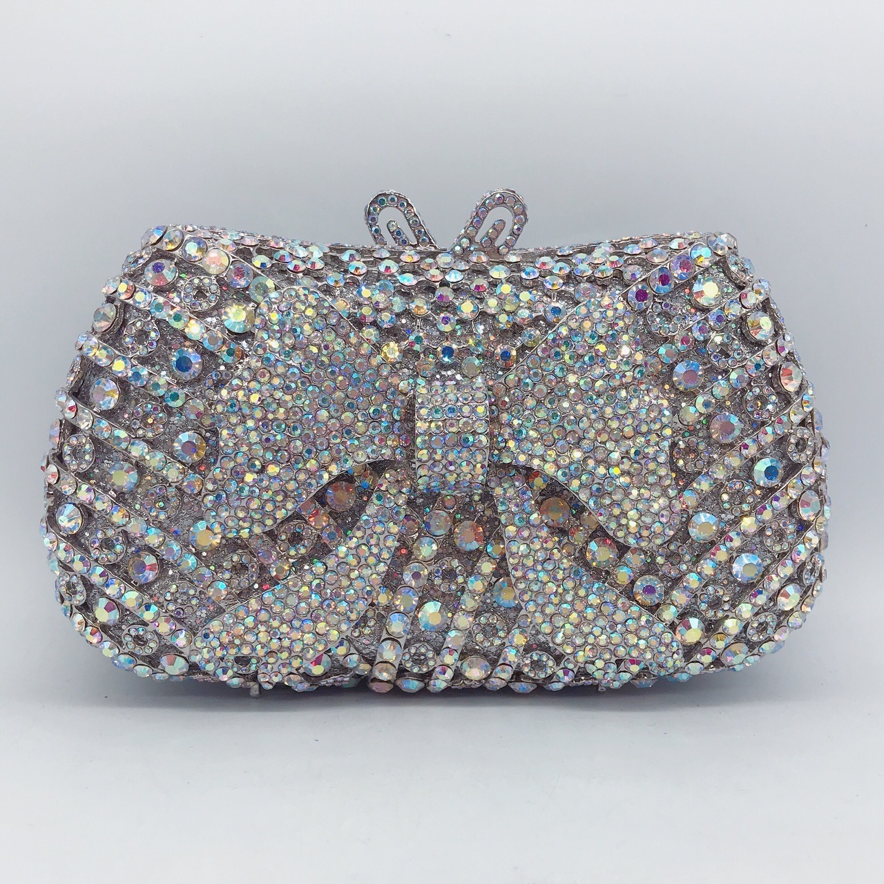 Boutique De FGG Novelty Women Bow Clutch Crystal Evening Bags Hard Case Metal Minaudiere Rhinestone Handbags Wedding Party Purse