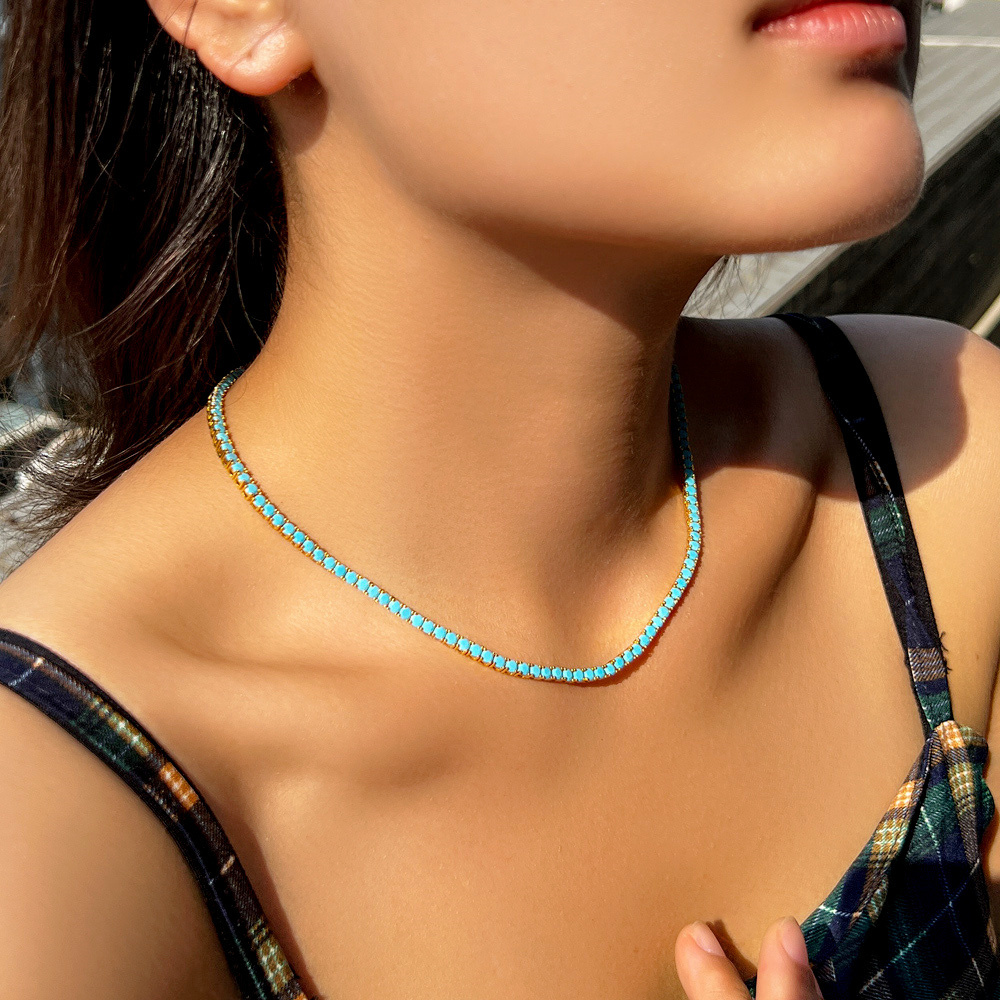 3mm Round Blue Turquoises Stone Paved Classic Tennis Chain Necklace for Women Lady Fashion Gold Color Choker Jewelry Gift