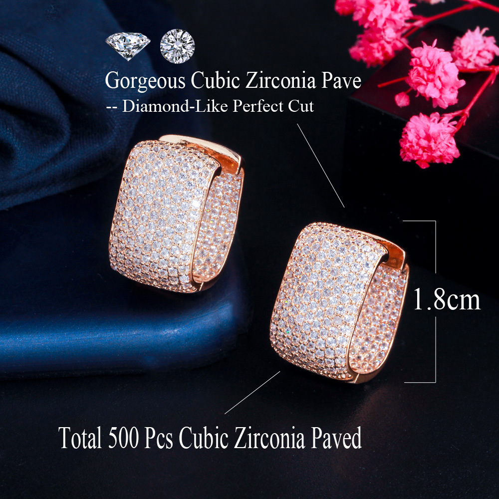 Double Sided Micro Paved Cubic Zirconia White Gold Plated CZ Stone Rectangle Hoop Earrings for Ladies Trendy Brand Jewelry