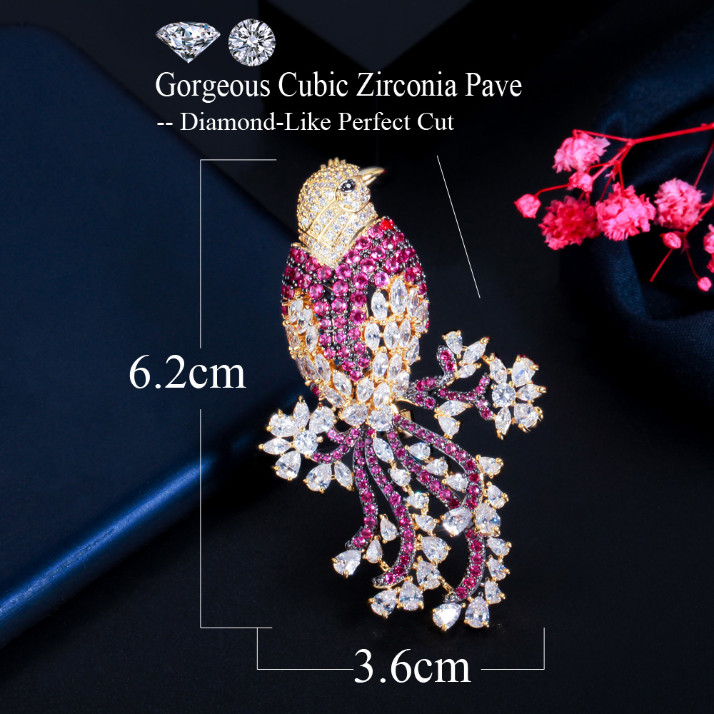 Wholesale Price Luxury Chic Two Tones Gold Color Micro Pave Red Cubic Zirconia Big Animal Bird Brooches for Women Suit Jewelry