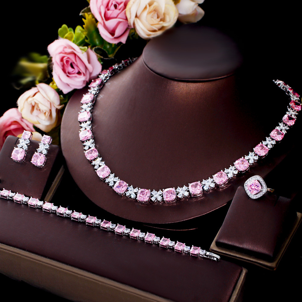 4pcs Shiny Cubic Zirconia Pave Square Pink Necklace Earring Jewellery Luxury Bridal Wedding Banquet Dress Jewelry Set for Women