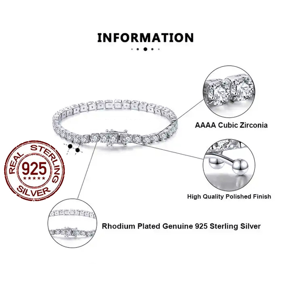 Fine Jewelry Cubic Zirconia Diamond 925 Sterling Silver Engagement Wedding 3mm Tennis Bracelet for Women Men Fashion Accessories