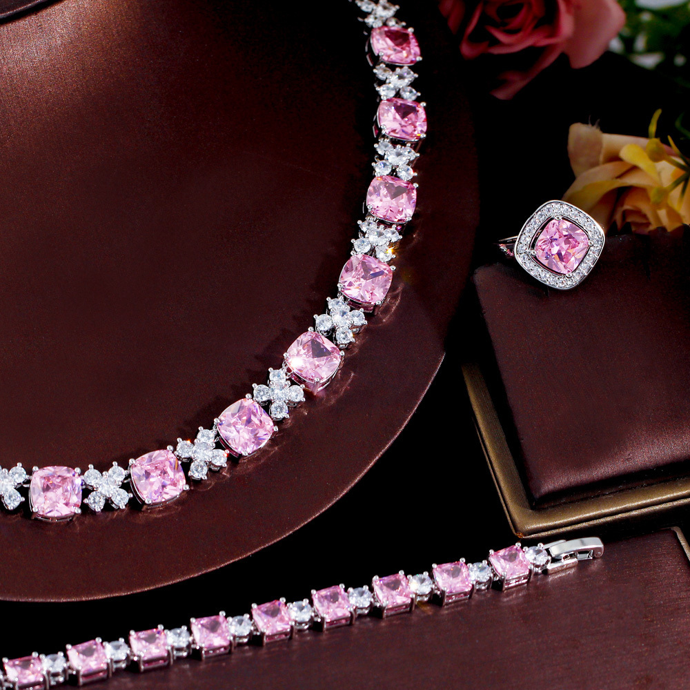 4pcs Shiny Cubic Zirconia Pave Square Pink Necklace Earring Jewellery Luxury Bridal Wedding Banquet Dress Jewelry Set for Women