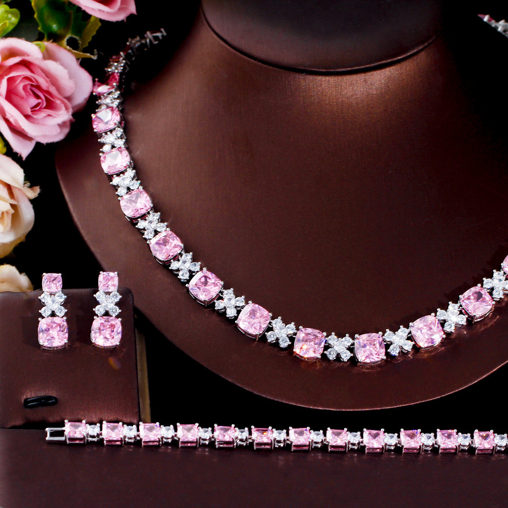 4pcs Shiny Cubic Zirconia Pave Square Pink Necklace Earring Jewellery Luxury Bridal Wedding Banquet Dress Jewelry Set for Women