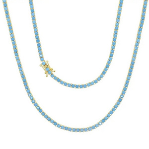 3mm Round Blue Turquoises Stone Paved Classic Tennis Chain Necklace for Women Lady Fashion Gold Color Choker Jewelry Gift