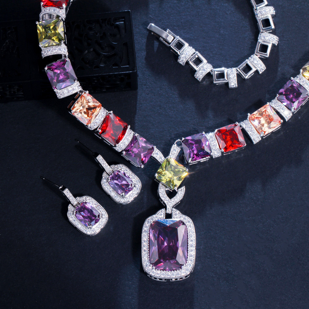 Multi Color Purple Cubic Zirconia Big Square Drop Luxury Wedding Bridal Necklace Earrings Costume Jewelry Sets for Women