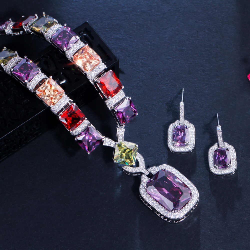 Multi Color Purple Cubic Zirconia Big Square Drop Luxury Wedding Bridal Necklace Earrings Costume Jewelry Sets for Women