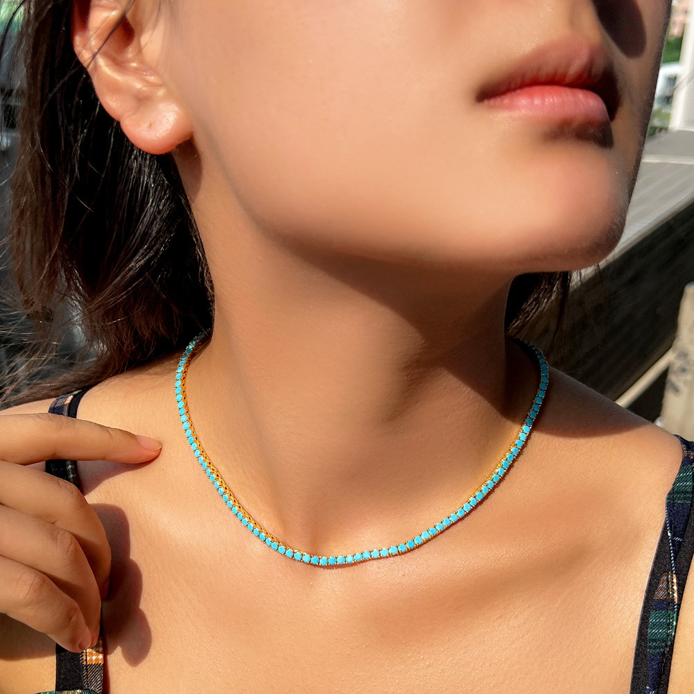 3mm Round Blue Turquoises Stone Paved Classic Tennis Chain Necklace for Women Lady Fashion Gold Color Choker Jewelry Gift