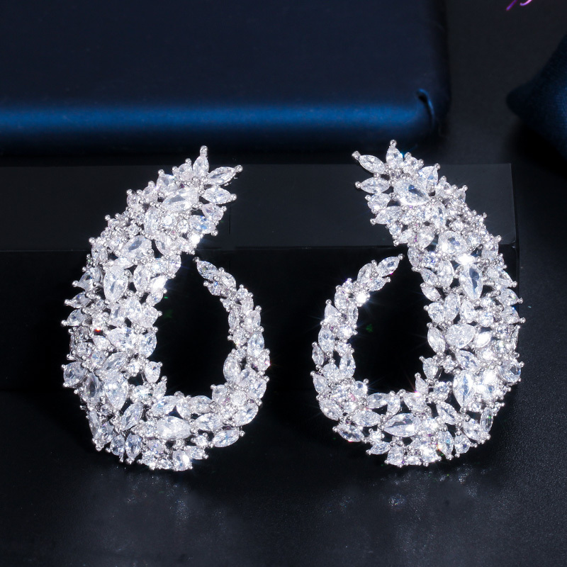 Sparkling Cubic Zirconia Silver Plated Women Big Flower Drop Earrings for Brides Wedding Jewelry Luxury Accessories